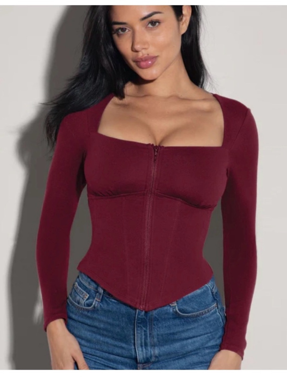 Ta3 Dark Cherry Corsety Square Neck Long Sleeve Top - 3x